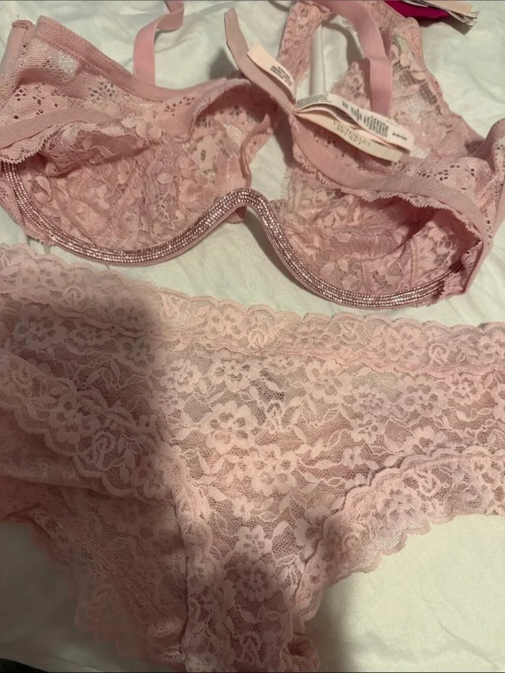 NWT Victoria's Secret Blush Pink Rhinestone Lace Underwire Bra and Panty Set
